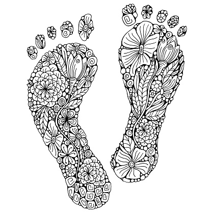Human footprint in doodle style. Coloring book page. Footstep with different little flowers. Black and white foot. Vector.