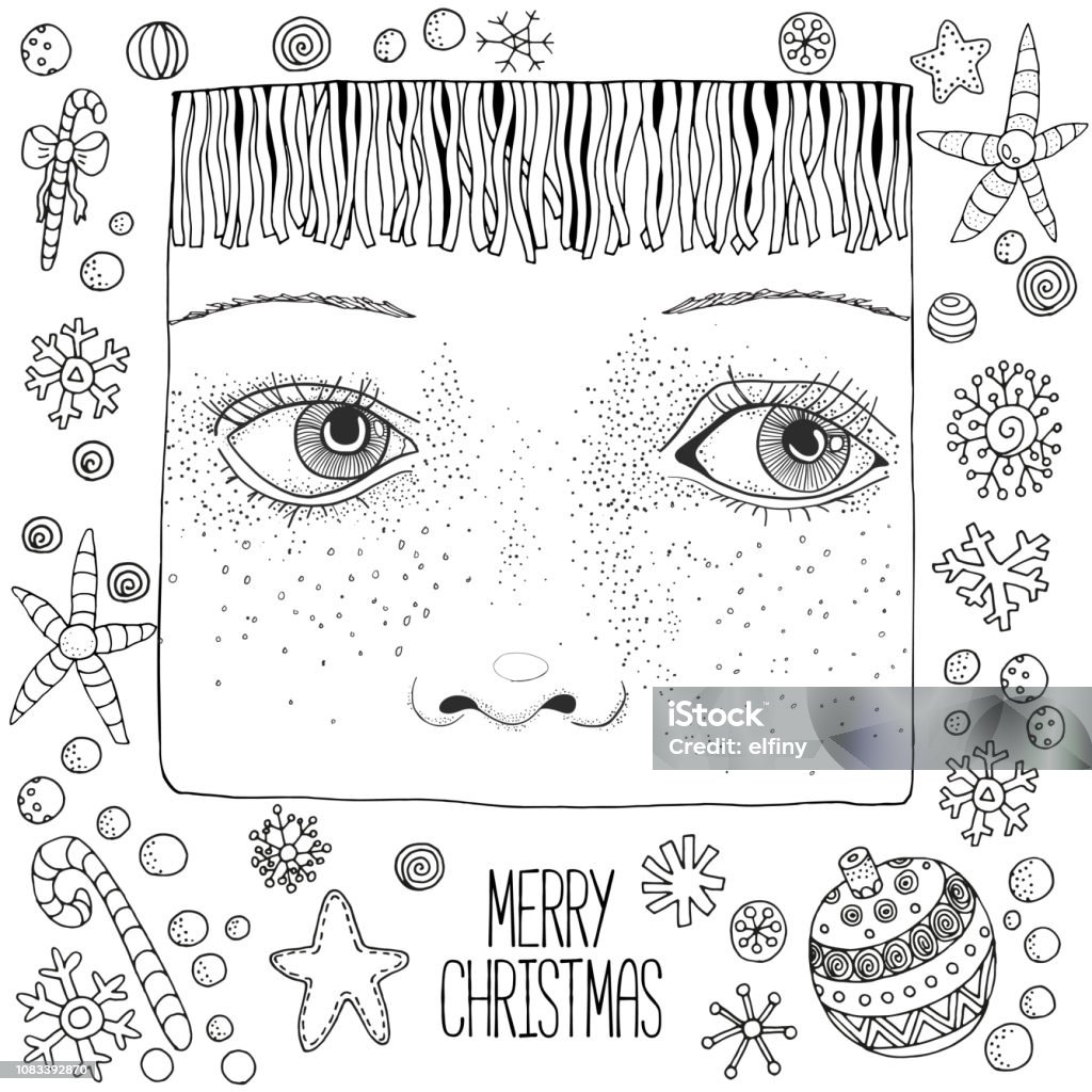 Hand drawn face. Christmas sketch. Cute girl. Winter, snow. Merry Christmas, Happy New Year. Pattern for coloring book. Hand-drawn vector illustration. Hand drawn face. Christmas sketch. Cute girl. Winter, snow. Merry Christmas, Happy New Year. Pattern for coloring book. Hand-drawn vector Child stock vector