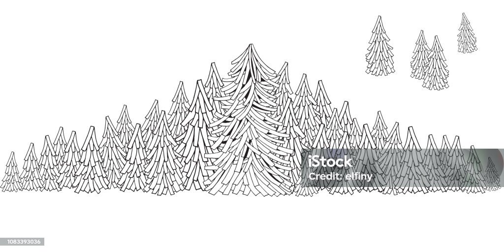 Evergreen forest. Winter fir forest. Black and white background. Pattern for coloring book. Hand-drawn, ethnic, doodle, vector Evergreen forest. Winter fir forest. Black and white background. Pattern for coloring book. Hand-drawn, ethnic, doodle Cedar Tree stock vector