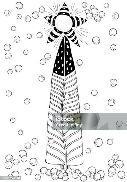 Christmas Tree Star And Snow Xmas Pattern For Adult Coloring Book Black And White Sketch Doodle Stock Illustration - Download Image Now