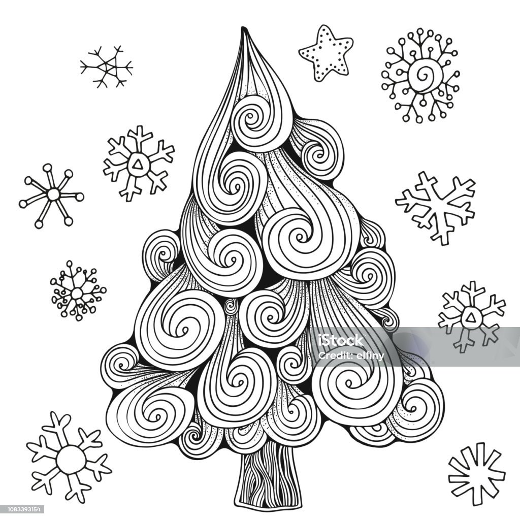 Christmas tree and snowflakes. Vector Pattern for adult coloring book. Doodle style. Black and white Sketch. Abstract stock vector