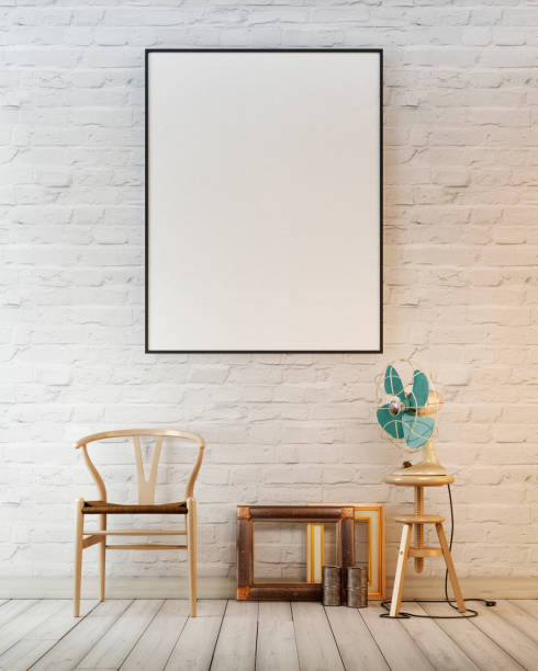 istock Mock up poster frame in white brick wall concept interior background with chair and air fun. 1083393308
