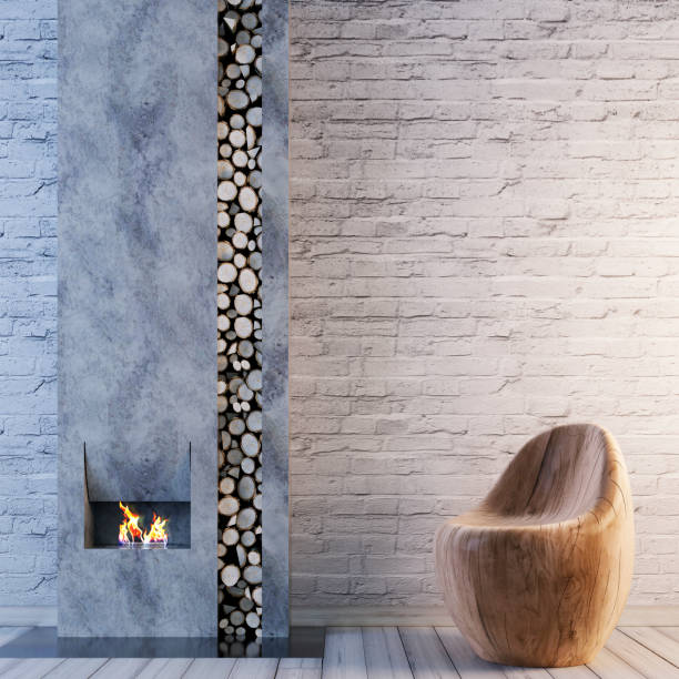 istock Living room with fireplace interior and brick empty wall for mockup background. 1083394612