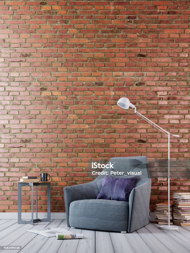mock up brick empty wall in modern interior background, hypster style mock up brick empty wall in modern interior background, hypster style, 3D render, 3D illustration Art Stock Photo