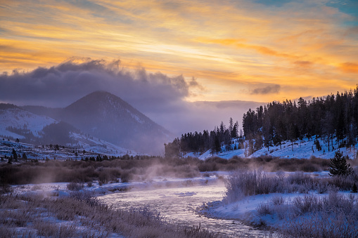 Steam rises above the Gallatin River, near the Yellowstone Park entrance, with temperatures around 3 degrees fahrenheit.