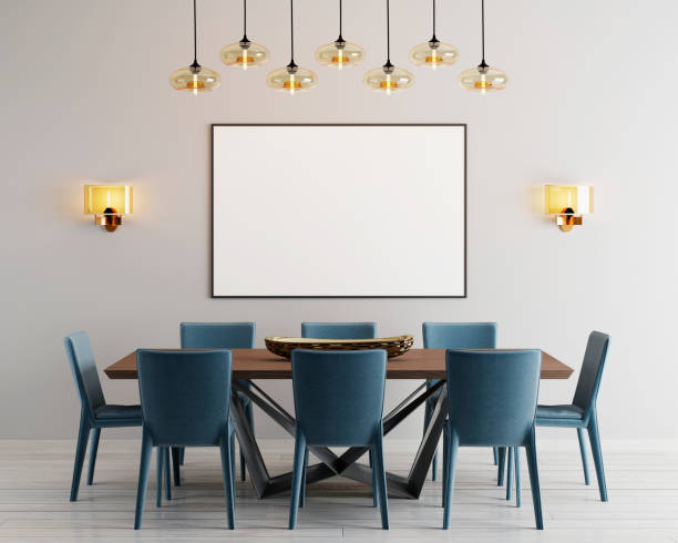 istock mockup poster in modern dining room with long table and eight chairs. 1083398526