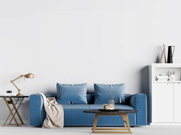 istock mock up empty wall in interior background with blue sofa, Scandinavian style 1083399602