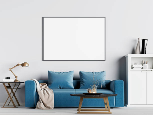 istock mock up poster frame in interior background with blue sofa, Scandinavian style 1083401900