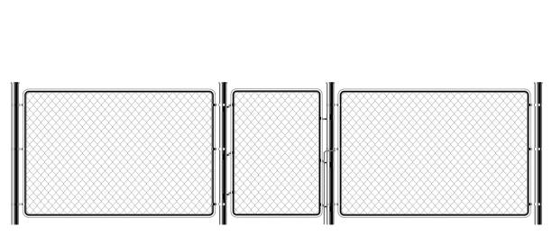 istock Realistic metal chain link fence. Art design gate. Prison barrier, secured property.  The chain link of fence wire mesh steel metal. Rabitz. 1083402246
