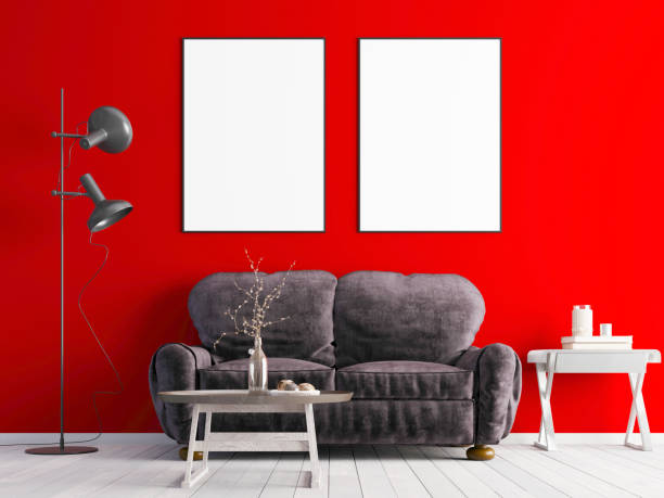 istock two mock up poster on a red wall with a white sofa in a modern interior. 1083402606