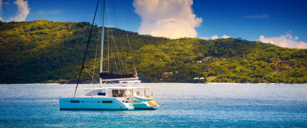 istock Catamaran near Big Sister and La Digue 1083404380