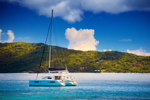 istock Catamaran near Big Sister and La Digue 1083404532
