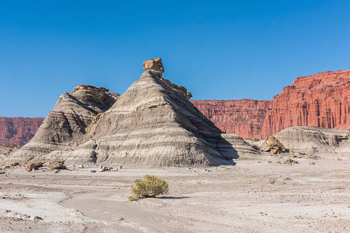 View of the Ischigualasto Provincial Park at San Juan Province, Argentina. Moon Valley. The Ischigualasto Formation contains Triassic deposits and some of the oldest known dinosaur remains in the world. It is an Unesco World Heritage site.