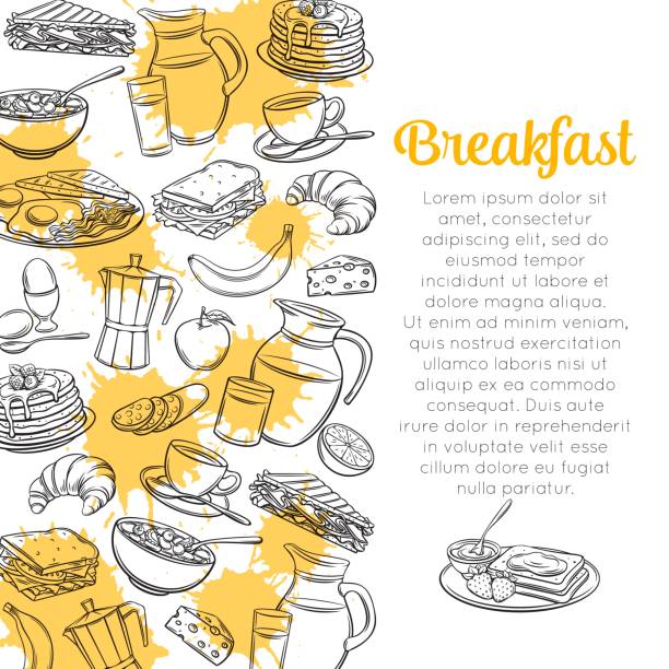 Sketch Breakfast Layout Breakfast layout. Brunches sketch vector illustration. Jug of milk, coffee pot, cup, juice, sandwich and fried eggs. Pancakes, toast with jam, croissant, cheese and flakes with milk for menu design. breakfast illustrations stock illustrations