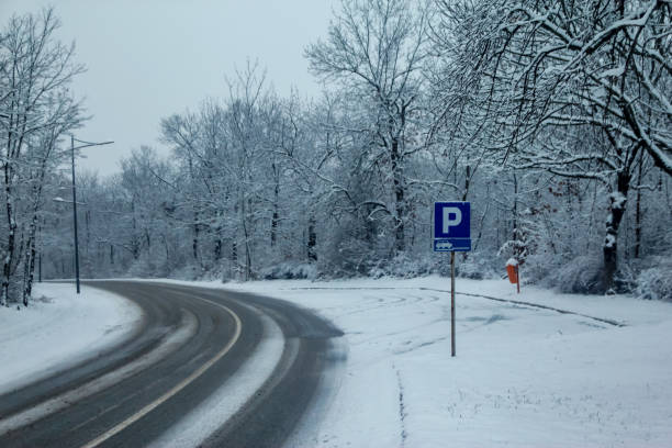 istock Snowy road at evening with road lights 1083418178