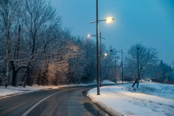 istock Snowy road at evening with road lights 1083419206