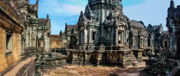 Panoramic view of the UNESCO site of temple buildings of Angkor Wat Cambodia