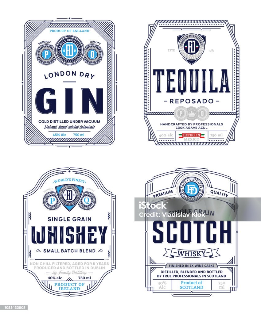 Alcoholic drinks labels Alcoholic drinks vintage thin line labels and packaging design templates. Gin, tequila, whiskey and scotch labels. Distilling business branding and identity design elements. Label stock vector