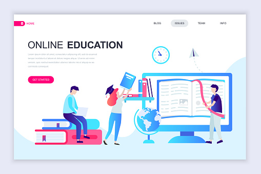 Modern flat web page design template of Online Education decorated people character for website and mobile website development. Flat landing page template. Vector illustration.