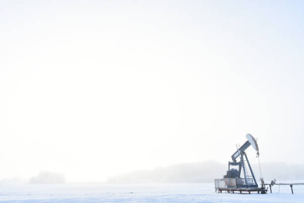 foggy pump jack - oil pump oil industry alberta equipment imagens e fotografias de stock