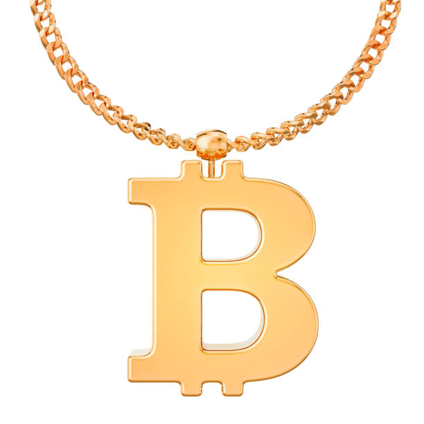 istock Gold bitcoin symbol on golden chain, 3D rendering isolated on white background 1083443530