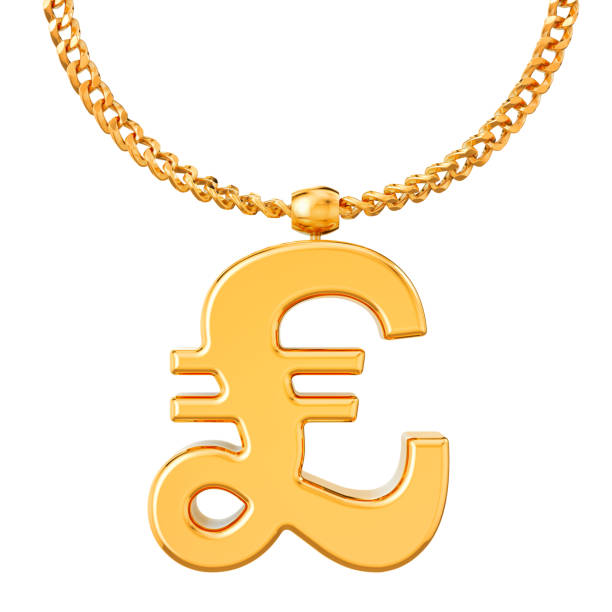 istock Gold pound sterling symbol on golden chain, 3D rendering isolated on white background 1083443540