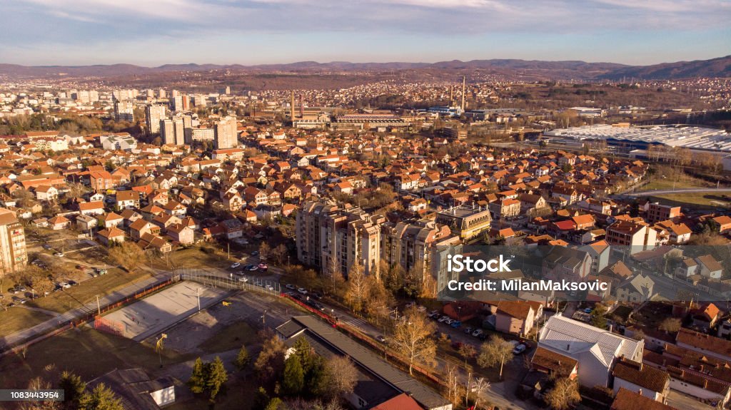 Aerial view of Kragujevac town in central Serbia Sunny day on start of winter Aerial View Stock Photo