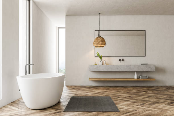 istock Modern bathroom interior, tub and sink 1083454224