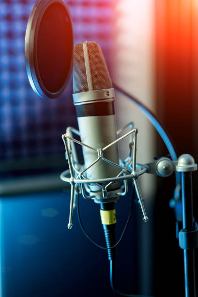 istock Studio condenser microphone with filter and anti-vibration mount. Live recording with color lights background. Side view 1083454644