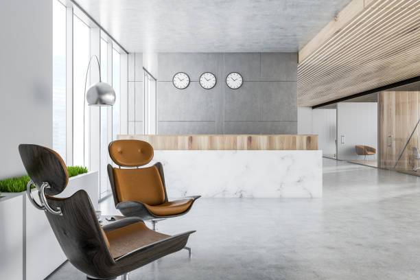 istock Marble reception desk in gray office 1083456346