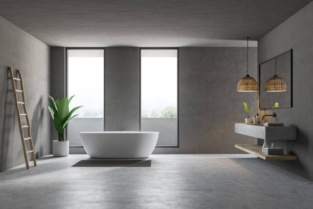 istock Gray loft bathroom interior, tub and sink 1083456474