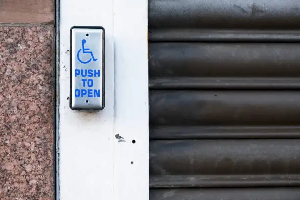 Disabled push button open automatic opening door on high street entrance uk