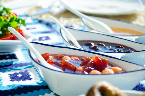 quince, cherry and apricot jams on breakfast table stock photo