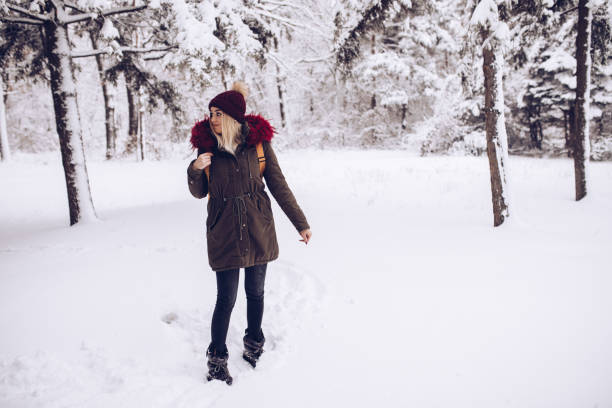 istock Female hiker in the snow full pine trees. 1083469142