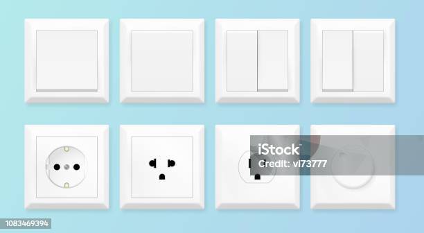 Realistic White Switches And Socket Set European And American Power Socket Standards Vector Illustration Stock Illustration - Download Image Now