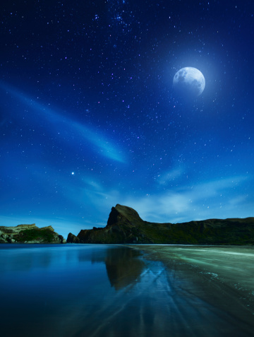Full moon and rocky coast shot taken at night in New Zealand