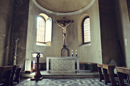 church, its exterior adorned with intricate crucifixion of Jesus, offering a sacred space for reflection and prayer.