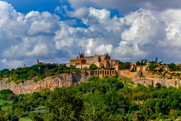 ORVIETO, TERNI, UMBRIA, ITALY - October 1, 2018: Panorama of the village located on the tufa cliff.