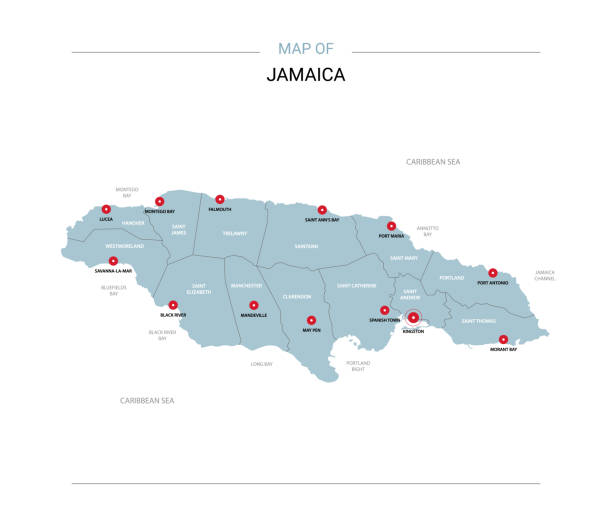 ilustraciones, imágenes clip art, dibujos animados e iconos de stock de vector de mapa de jamaica con el perno rojo. - jamaica map