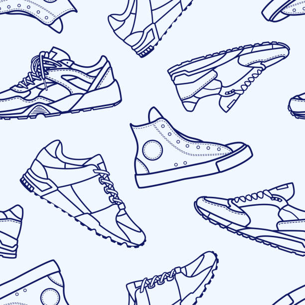 illustrations, cliparts, dessins animés et icônes de seamless pattern sneaker chaussure plate ligne barrée - paire de baskets