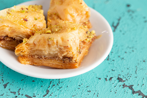 Sweet Classic Baklava on a Blue Distressed Surface