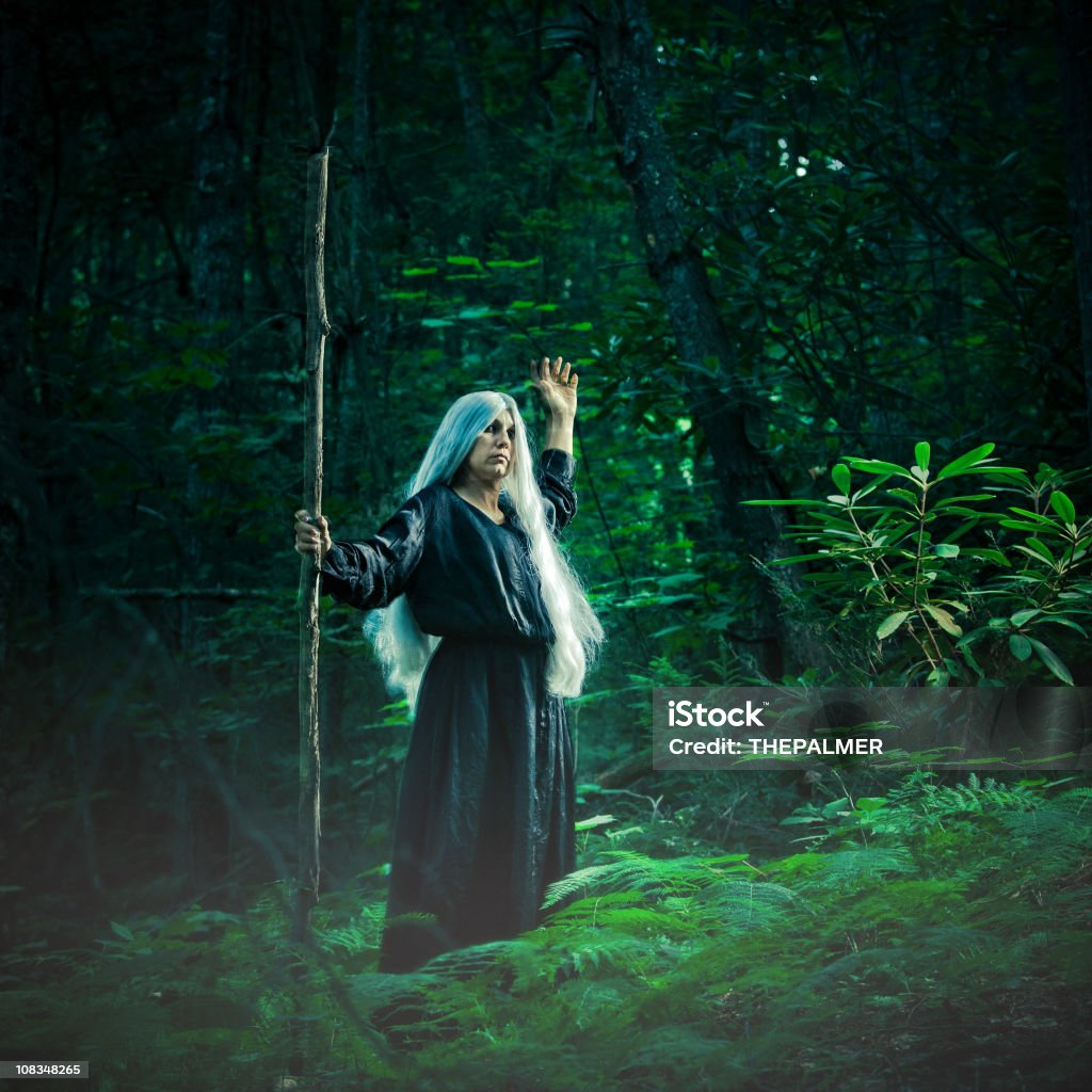female sorcerer in the woods woman dress with  a black costume, grey wig and a wooden stick, pretending to make conjures and spell in the woods. Shaman Stock Photo