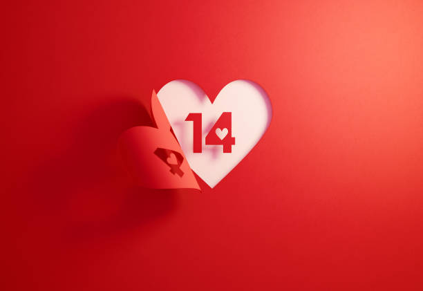 Valentine's Day Concept- Number 14 Inside Of A Red Folding Heart Shape On White Background Number 14 is inside of a red folding heart shape on white background. Horizontal composition with  copy space. february photos stock pictures, royalty-free photos & images