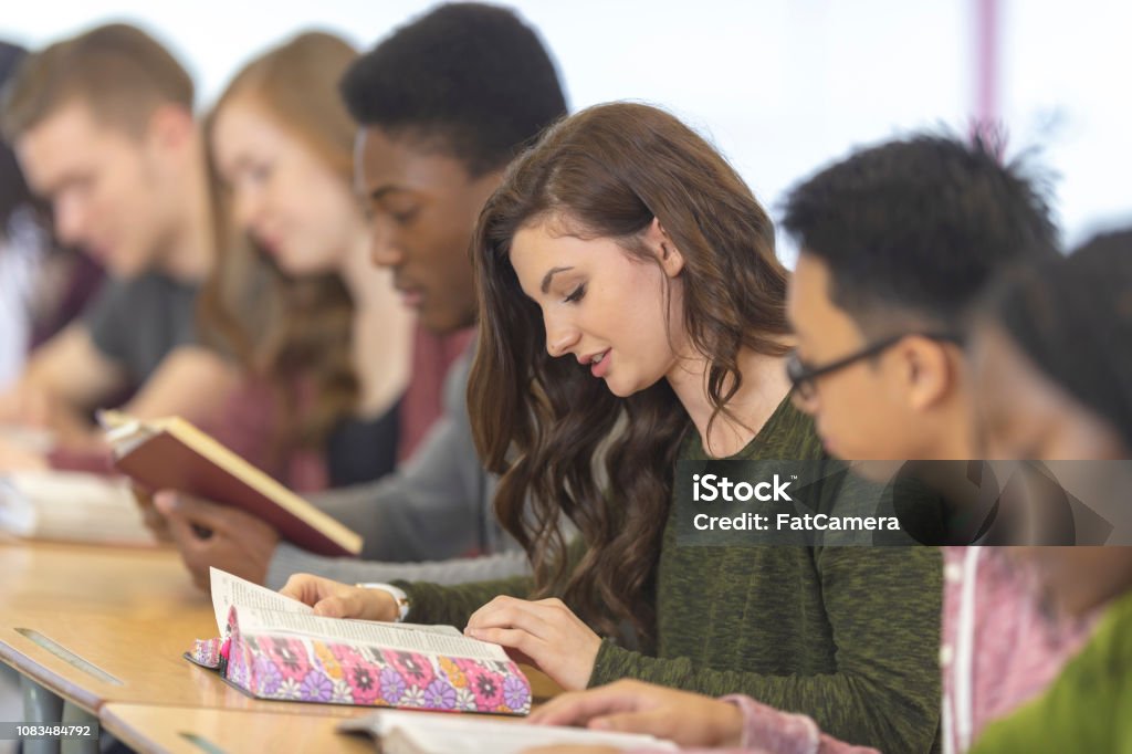 Reading novels Several teenagers are sitting in a row of desks in a classroom. They are all reading a novel. Bible Stock Photo