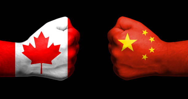 istock Concept of relations/conflict between Canada and China symbolized by two opposed clenched fists 1083487620