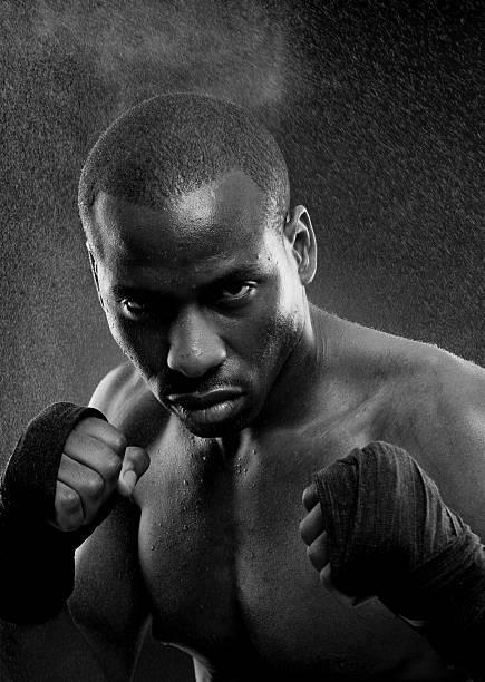 African American Boxer Readys For Fight, Black and White stock photo