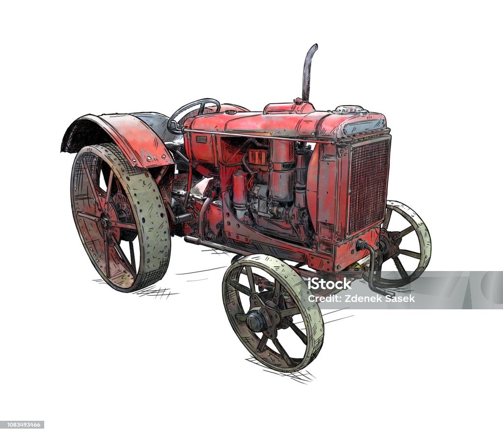 Dessin animé ou Style bande dessinée Illustration d’anciens ou Vintage tracteur rouge - Illustration de Tracteur libre de droits