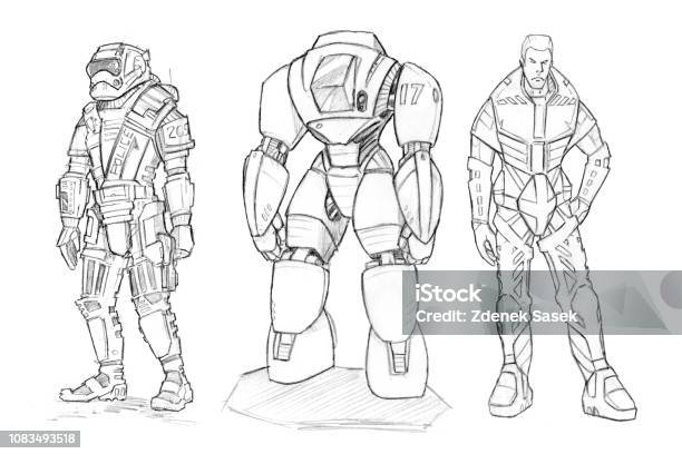 Set Of Rough Pencil Drawings Of Various Characters In Scifi Suit Stock Illustration - Download Image Now