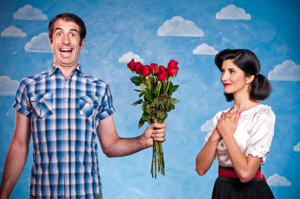 Nerd With Red Roses On A Date  blind date stock pictures, royalty-free photos & images