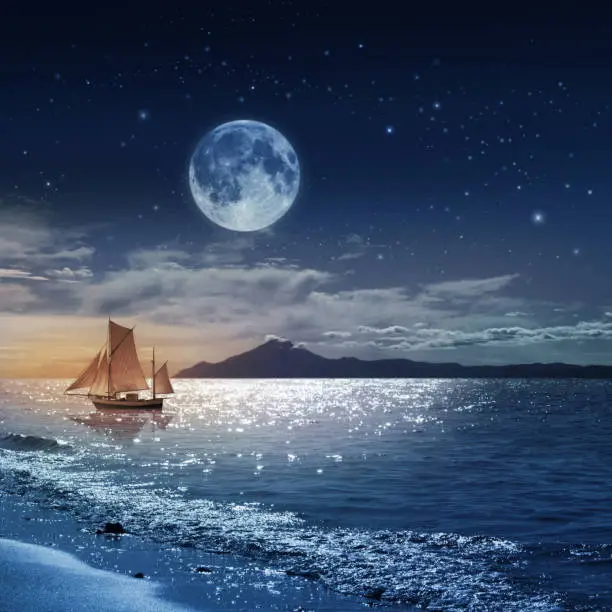 Photo of Moon night sea landscape with ship